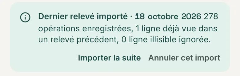 Écran PilotKiné après un import : dernier relevé importé, 278 opérations enregistrées.