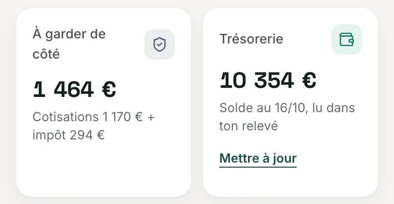 Écran du cockpit : le montant à garder de côté pour les cotisations et l'impôt, à côté de la trésorerie lue dans le relevé.