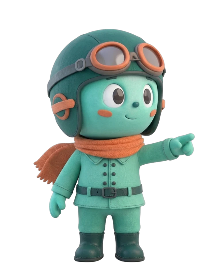 Pilou, la mascotte de PilotKiné, montre une étape du parcours